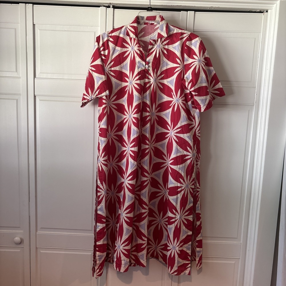 Khaadi 100% Cotton Big Red Flowers Blue Triangles Dress Cover Up size 12 READ